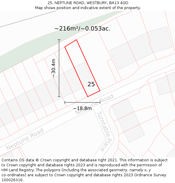 25, NEPTUNE ROAD, WESTBURY, BA13 4GD: Plot and title map