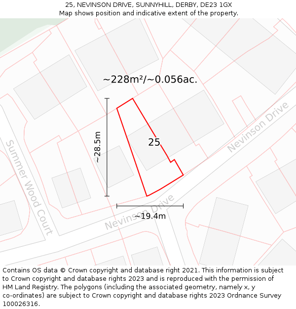 25, NEVINSON DRIVE, SUNNYHILL, DERBY, DE23 1GX: Plot and title map