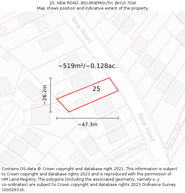 25, NEW ROAD, BOURNEMOUTH, BH10 7DW: Plot and title map