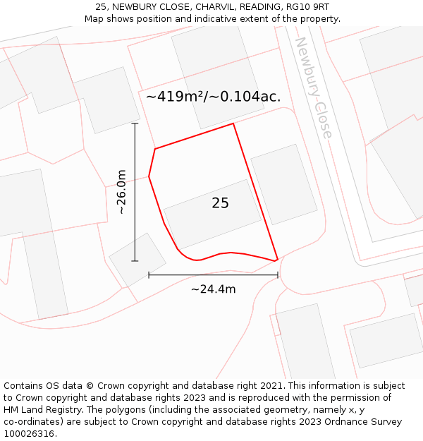 25, NEWBURY CLOSE, CHARVIL, READING, RG10 9RT: Plot and title map