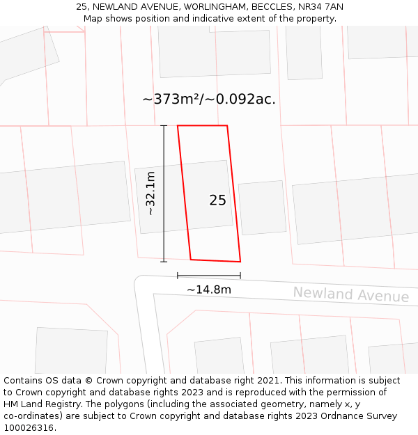 25, NEWLAND AVENUE, WORLINGHAM, BECCLES, NR34 7AN: Plot and title map