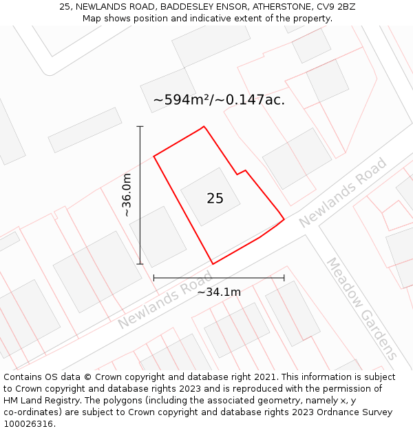 25, NEWLANDS ROAD, BADDESLEY ENSOR, ATHERSTONE, CV9 2BZ: Plot and title map