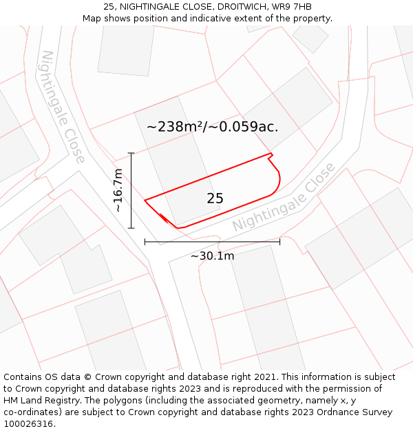 25, NIGHTINGALE CLOSE, DROITWICH, WR9 7HB: Plot and title map