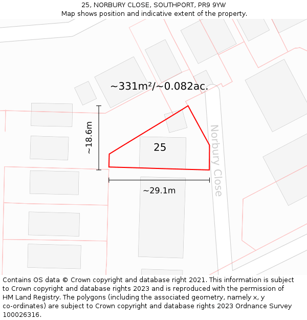 25, NORBURY CLOSE, SOUTHPORT, PR9 9YW: Plot and title map