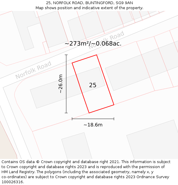 25, NORFOLK ROAD, BUNTINGFORD, SG9 9AN: Plot and title map