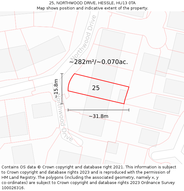 25, NORTHWOOD DRIVE, HESSLE, HU13 0TA: Plot and title map