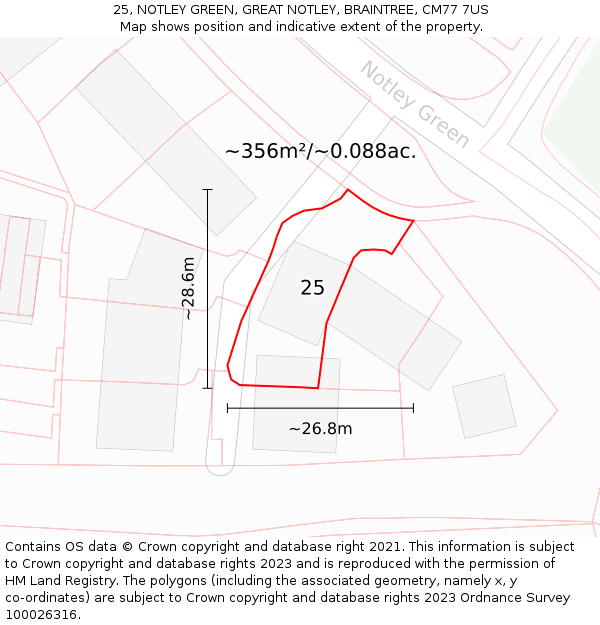 25, NOTLEY GREEN, GREAT NOTLEY, BRAINTREE, CM77 7US: Plot and title map