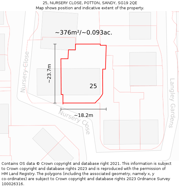 25, NURSERY CLOSE, POTTON, SANDY, SG19 2QE: Plot and title map