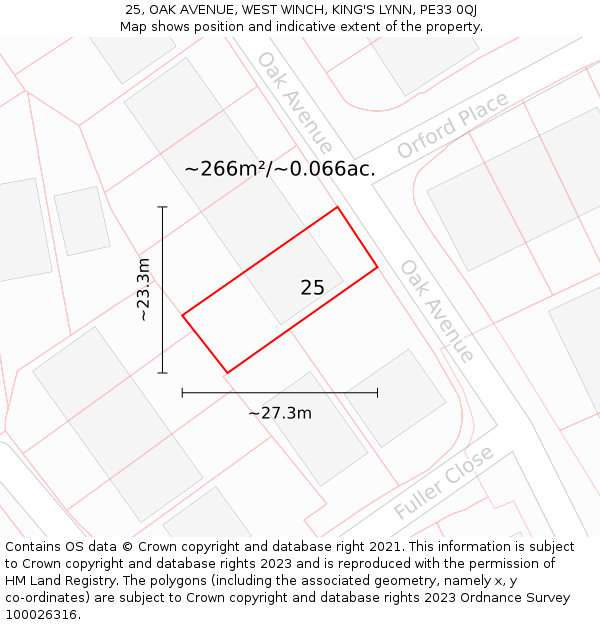 25, OAK AVENUE, WEST WINCH, KING'S LYNN, PE33 0QJ: Plot and title map