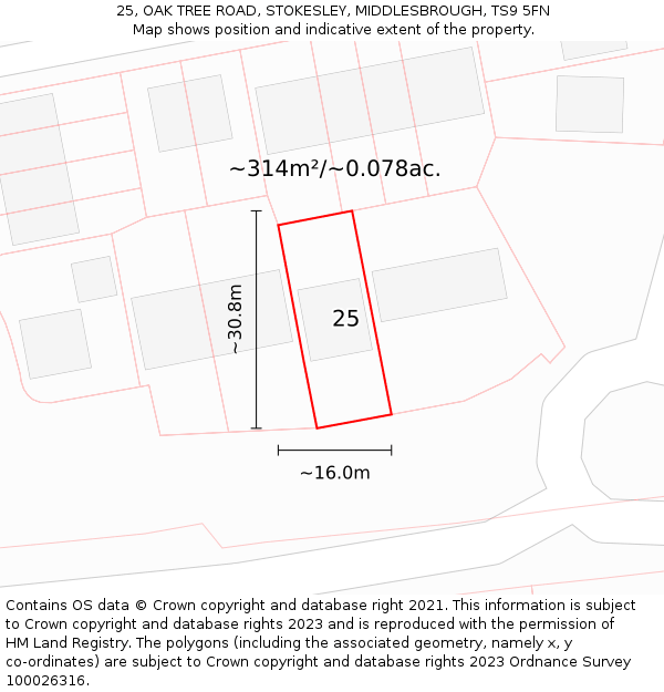 25, OAK TREE ROAD, STOKESLEY, MIDDLESBROUGH, TS9 5FN: Plot and title map