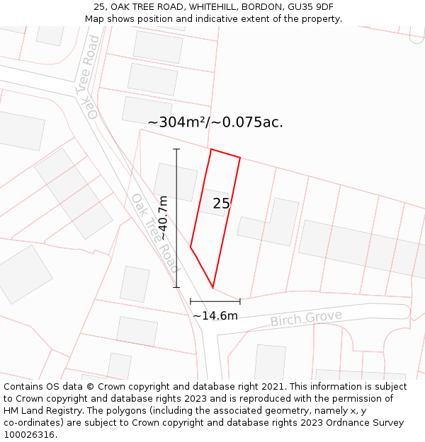 25, OAK TREE ROAD, WHITEHILL, BORDON, GU35 9DF: Plot and title map