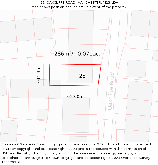 25, OAKCLIFFE ROAD, MANCHESTER, M23 1DA: Plot and title map