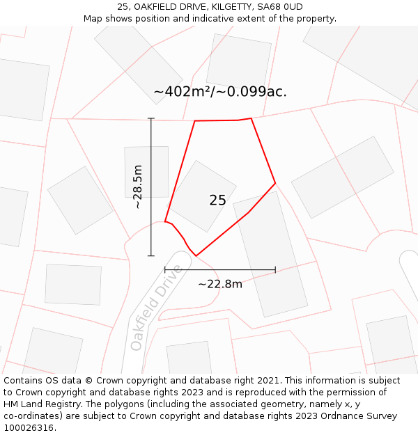 25, OAKFIELD DRIVE, KILGETTY, SA68 0UD: Plot and title map