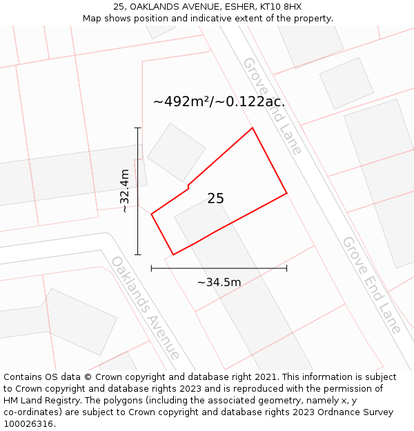 25, OAKLANDS AVENUE, ESHER, KT10 8HX: Plot and title map