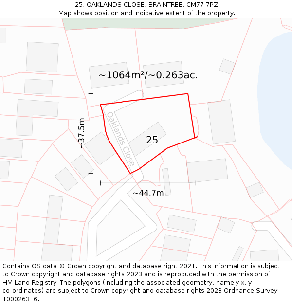 25, OAKLANDS CLOSE, BRAINTREE, CM77 7PZ: Plot and title map