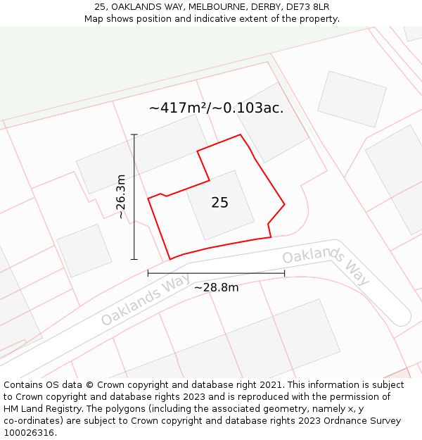 25, OAKLANDS WAY, MELBOURNE, DERBY, DE73 8LR: Plot and title map