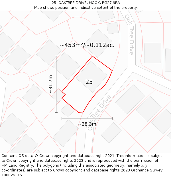 25, OAKTREE DRIVE, HOOK, RG27 9RA: Plot and title map