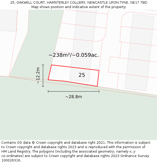 25, OAKWELL COURT, HAMSTERLEY COLLIERY, NEWCASTLE UPON TYNE, NE17 7BD: Plot and title map