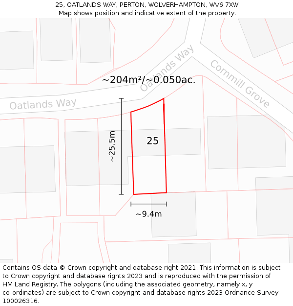 25, OATLANDS WAY, PERTON, WOLVERHAMPTON, WV6 7XW: Plot and title map