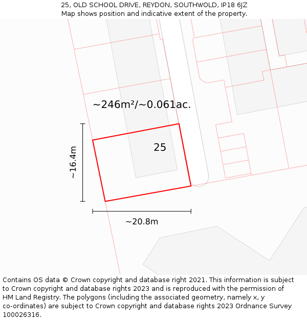 25, OLD SCHOOL DRIVE, REYDON, SOUTHWOLD, IP18 6JZ: Plot and title map