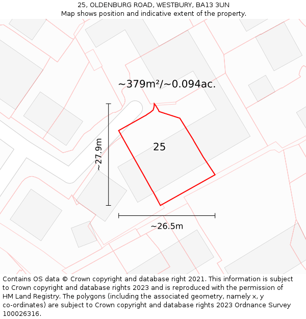 25, OLDENBURG ROAD, WESTBURY, BA13 3UN: Plot and title map