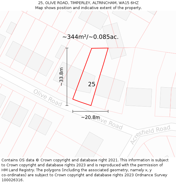 25, OLIVE ROAD, TIMPERLEY, ALTRINCHAM, WA15 6HZ: Plot and title map