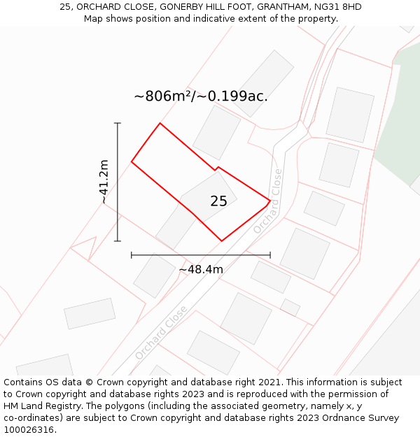 25, ORCHARD CLOSE, GONERBY HILL FOOT, GRANTHAM, NG31 8HD: Plot and title map