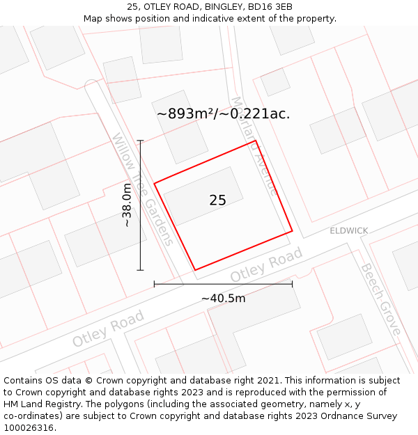 25, OTLEY ROAD, BINGLEY, BD16 3EB: Plot and title map