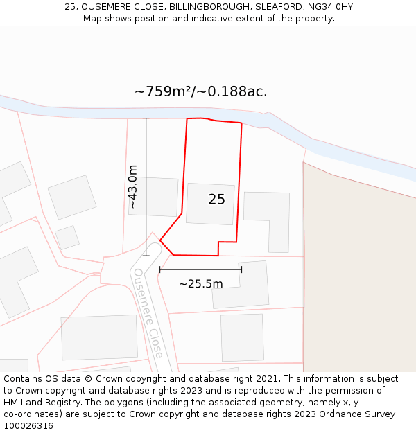 25, OUSEMERE CLOSE, BILLINGBOROUGH, SLEAFORD, NG34 0HY: Plot and title map