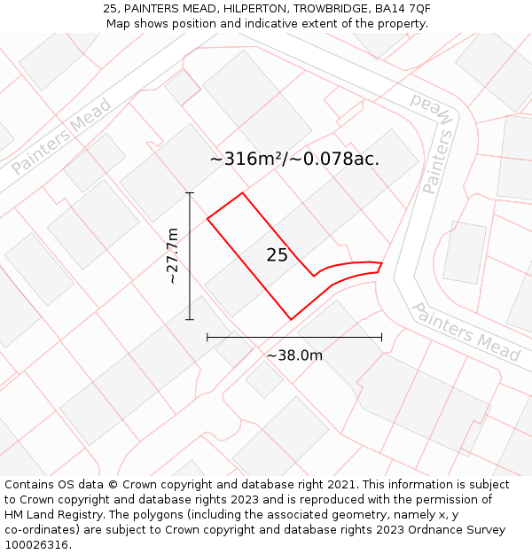 25, PAINTERS MEAD, HILPERTON, TROWBRIDGE, BA14 7QF: Plot and title map