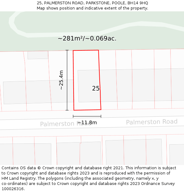 25, PALMERSTON ROAD, PARKSTONE, POOLE, BH14 9HQ: Plot and title map