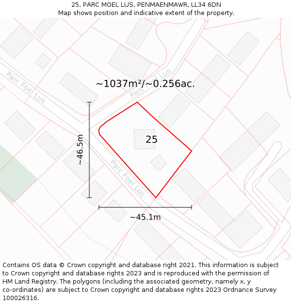 25, PARC MOEL LUS, PENMAENMAWR, LL34 6DN: Plot and title map