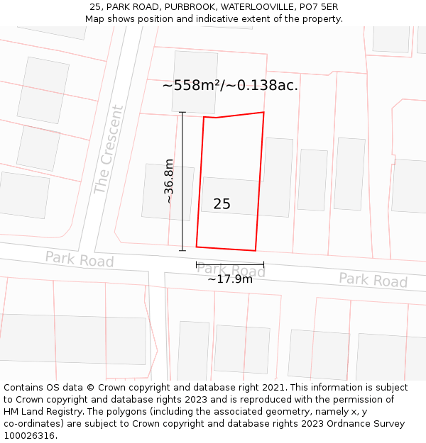 25, PARK ROAD, PURBROOK, WATERLOOVILLE, PO7 5ER: Plot and title map