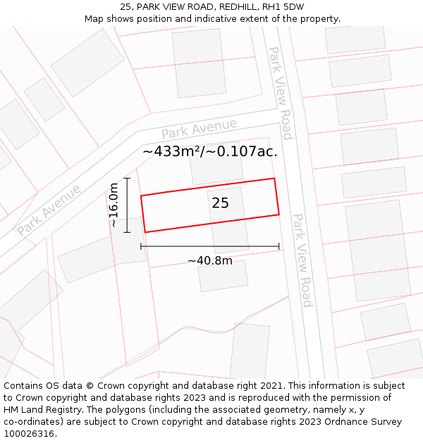 25, PARK VIEW ROAD, REDHILL, RH1 5DW: Plot and title map