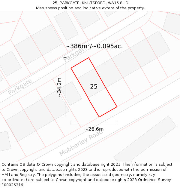25, PARKGATE, KNUTSFORD, WA16 8HD: Plot and title map