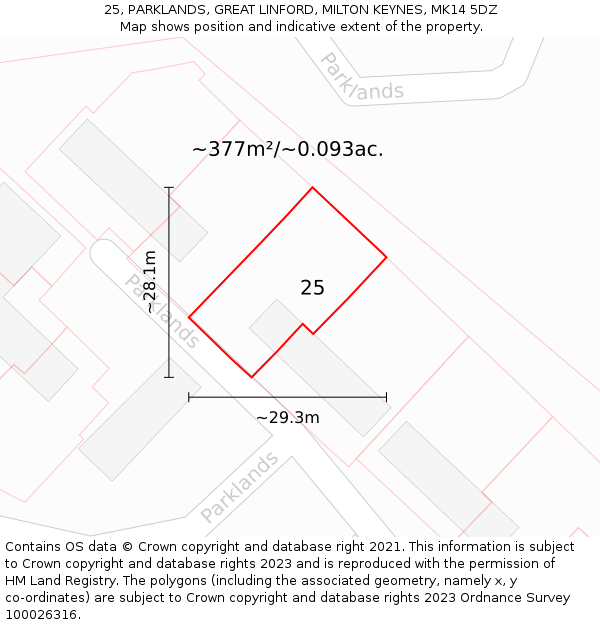 25, PARKLANDS, GREAT LINFORD, MILTON KEYNES, MK14 5DZ: Plot and title map