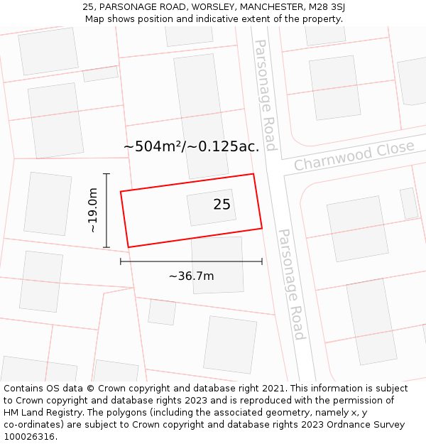 25, PARSONAGE ROAD, WORSLEY, MANCHESTER, M28 3SJ: Plot and title map