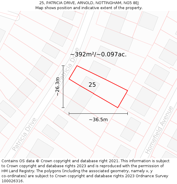 25, PATRICIA DRIVE, ARNOLD, NOTTINGHAM, NG5 8EJ: Plot and title map