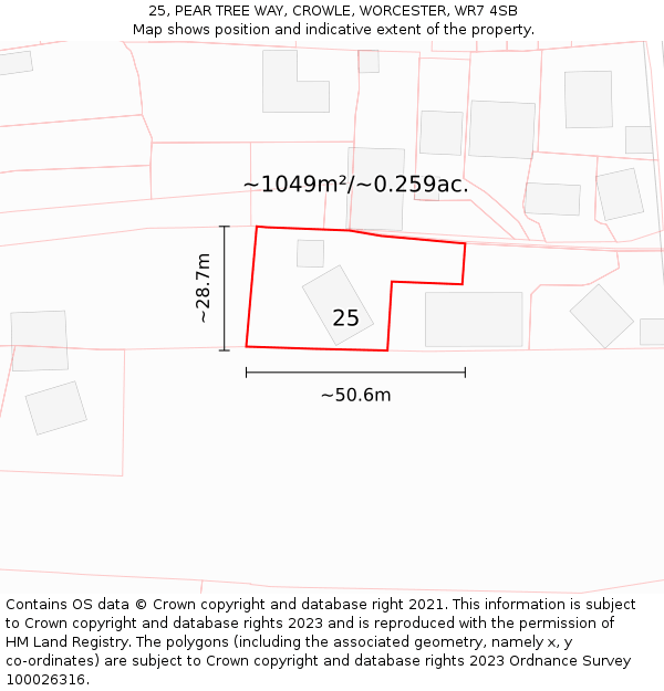 25, PEAR TREE WAY, CROWLE, WORCESTER, WR7 4SB: Plot and title map