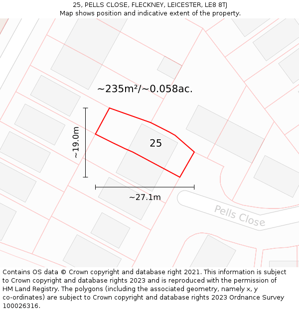 25, PELLS CLOSE, FLECKNEY, LEICESTER, LE8 8TJ: Plot and title map