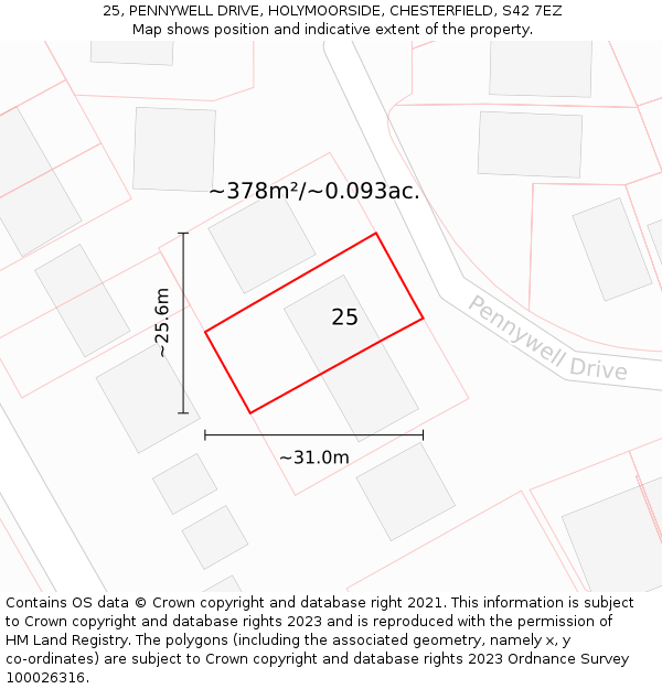 25, PENNYWELL DRIVE, HOLYMOORSIDE, CHESTERFIELD, S42 7EZ: Plot and title map