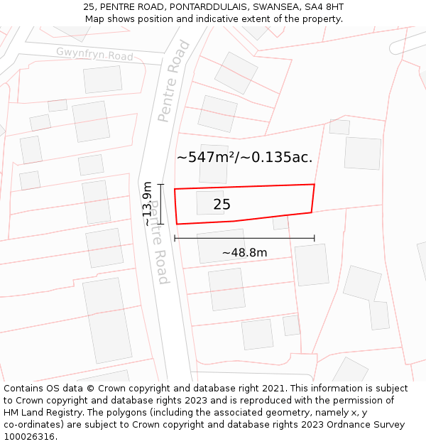 25, PENTRE ROAD, PONTARDDULAIS, SWANSEA, SA4 8HT: Plot and title map