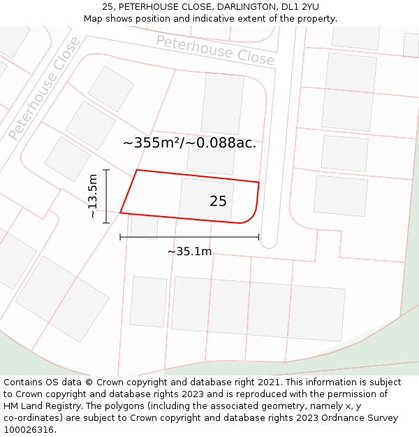 25, PETERHOUSE CLOSE, DARLINGTON, DL1 2YU: Plot and title map