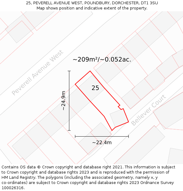 25, PEVERELL AVENUE WEST, POUNDBURY, DORCHESTER, DT1 3SU: Plot and title map