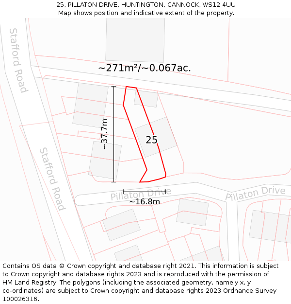 25, PILLATON DRIVE, HUNTINGTON, CANNOCK, WS12 4UU: Plot and title map