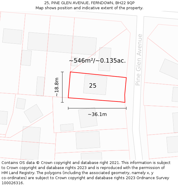 25, PINE GLEN AVENUE, FERNDOWN, BH22 9QP: Plot and title map