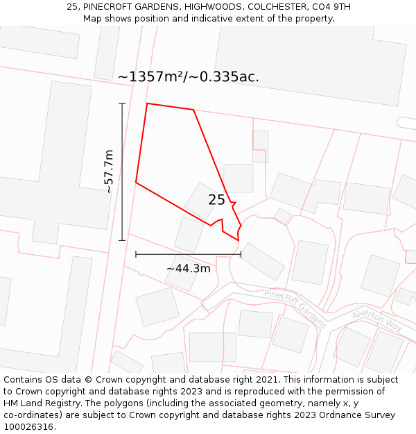 25, PINECROFT GARDENS, HIGHWOODS, COLCHESTER, CO4 9TH: Plot and title map