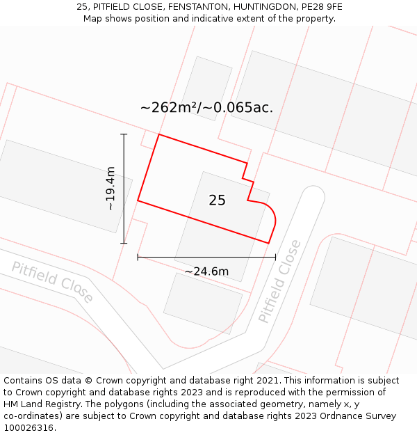 25, PITFIELD CLOSE, FENSTANTON, HUNTINGDON, PE28 9FE: Plot and title map