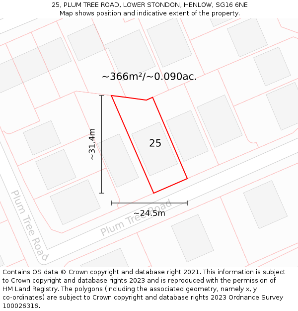 25, PLUM TREE ROAD, LOWER STONDON, HENLOW, SG16 6NE: Plot and title map