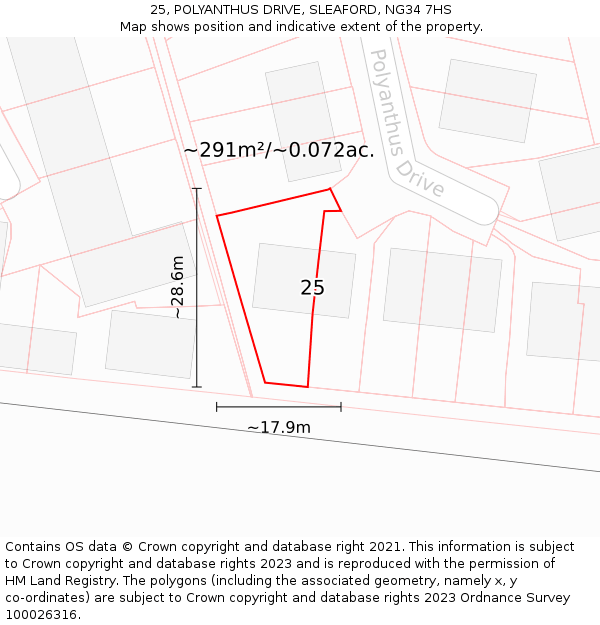 25, POLYANTHUS DRIVE, SLEAFORD, NG34 7HS: Plot and title map